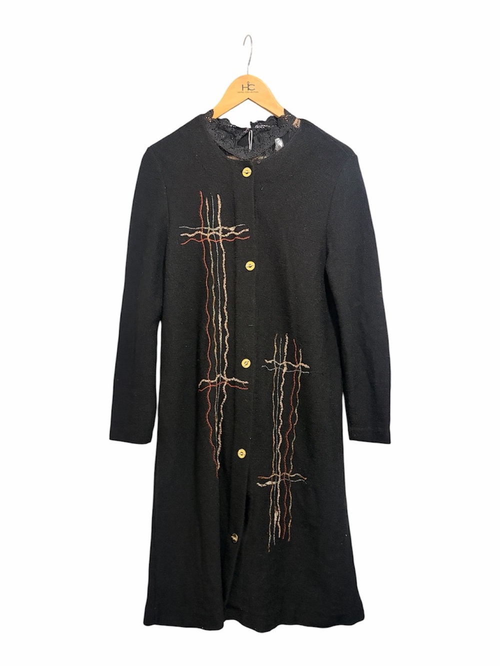 Black Long-Sleeve Button-Front Duster coat with Embroidered Detail